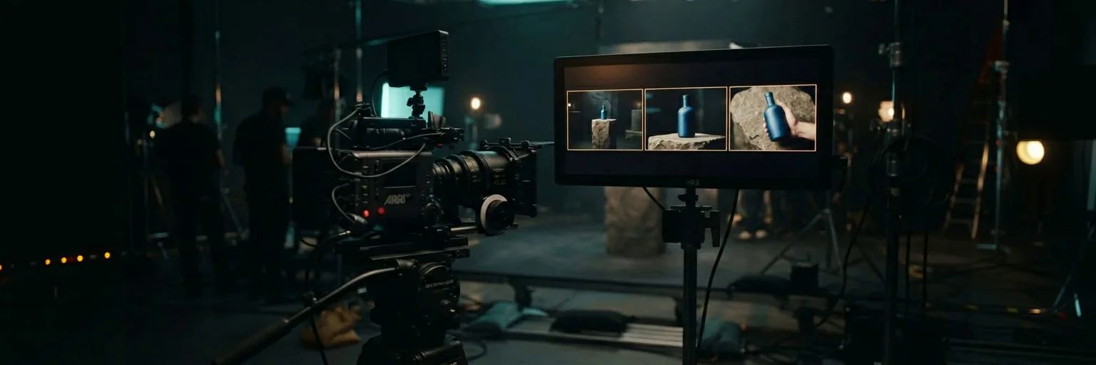 Cinema camera and director monitor showing a multi-shot product video storyboard on a dark film set